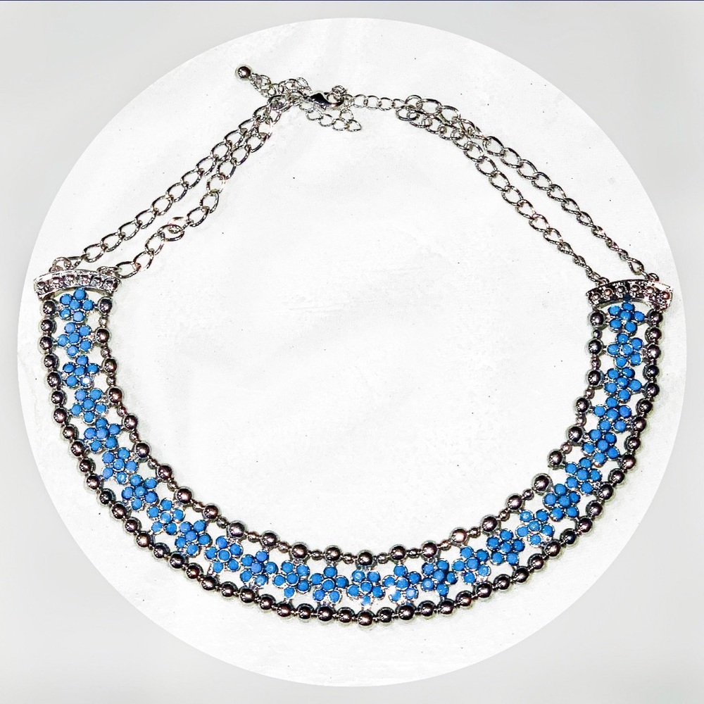 Silver and blue  Flower Power choker  Necklace